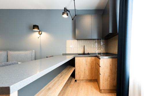 a kitchen with a long counter and a sink at Stones Throw Apartments in Tbilisi City