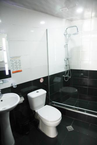 a bathroom with a toilet and a shower and a sink at Hotel Voyager in Tbilisi City