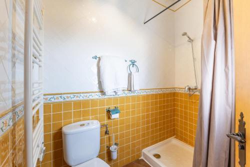 Un baño de azulejos amarillos con inodoro y bañera. en El Tinao De La Petra, en Fuentidueña de Tajo