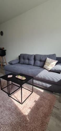 a living room with a blue couch with a coffee table at Apartmani Iva in Banja Koviljača