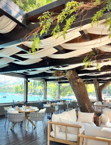 a restaurant with tables and chairs and a tree at Hotel Cavtat in Cavtat