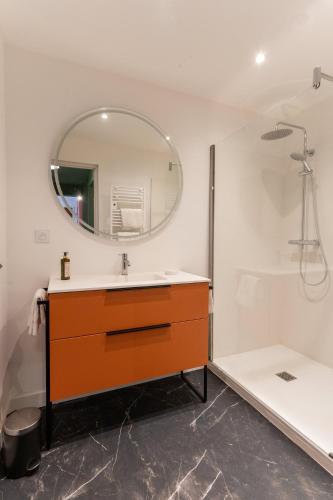 une salle de bain avec un lavabo et un miroir dans l'établissement Le 17 - Centre historique avec garage -, à Avignon