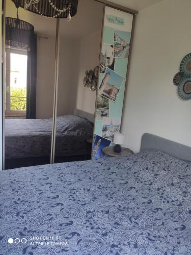 a bedroom with a bed and a large mirror at Chaleureux T2 au style VINTAGE - rue gratuite in Amiens
