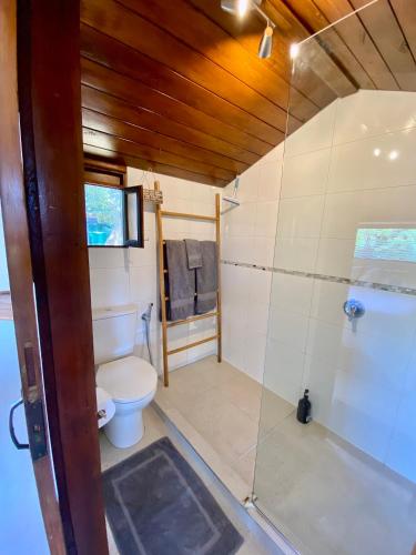 a bathroom with a toilet and a shower at Raglan View Cottage in Raglan