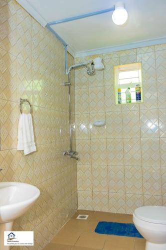 a bathroom with a shower with a toilet and a sink at Taliah Homestays in Nanyuki
