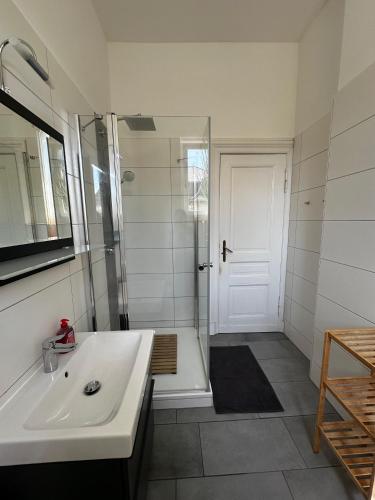 a bathroom with a white sink and a shower at Unterkunft Mozart Magdeburg in Magdeburg