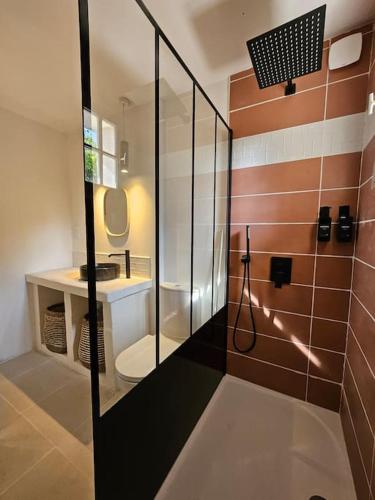 une salle de bain avec une douche avec des toilettes et un lavabo dans l'établissement Sejour détente en bord de mer au gîte des falaises, à Plouha