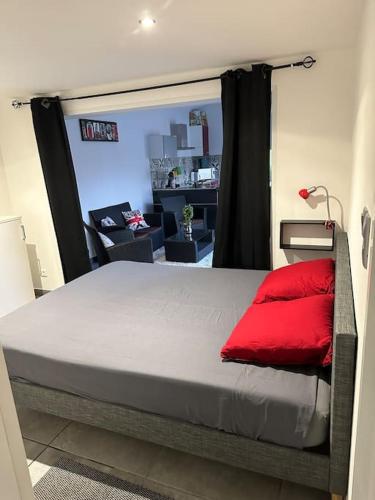une chambre avec un grand lit avec un oreiller rouge dans l'établissement Dépendance de 45m2 à louer, à Saint-Vite