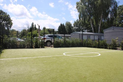 a basketball court in a yard with a van parked at Luxe chalet in Harderwijk