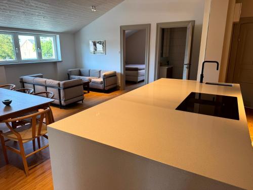 a kitchen and living room with a large counter top at The Embassy in Lund