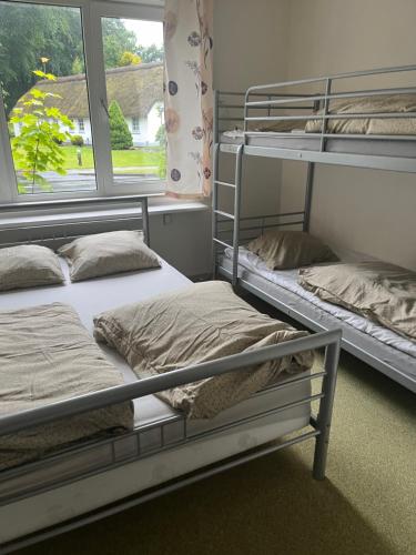 two bunk beds in a room with a window at Overnatning Filskov in Grindsted