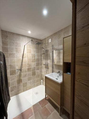 une salle de bain avec douche et lavabo dans l'établissement Gîte Le Studio - Domaine Lassalle Saint-créac, à Saint-Créac