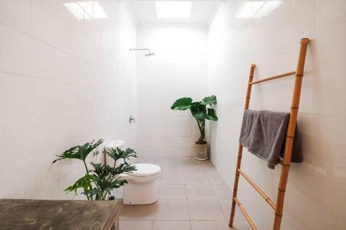 baño blanco con aseo y planta en Stargazer Villa, en Canggu