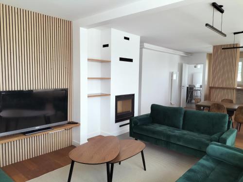 a living room with a green couch and a flat screen tv at Penthouse vue Tour Eiffel, près Château Versailles in Sèvres