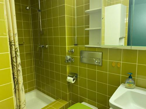 a green tiled bathroom with a shower and a sink at Ariana in Balderschwang