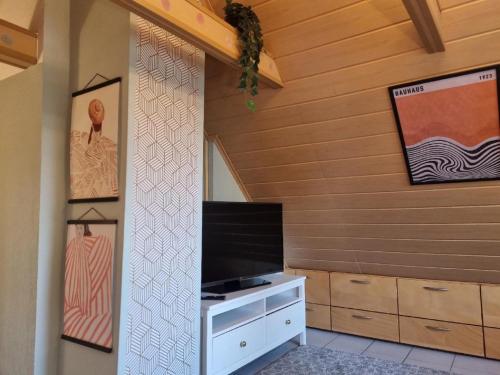 a living room with a flat screen tv on a wall at Ferienwohnung Freudentanz in Waldmünchen