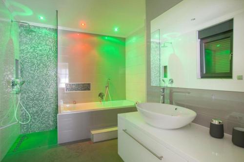 a bathroom with a sink and a shower and a tub at Villa Ribica in Veliko Brdo