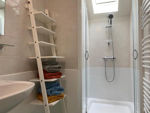 La salle de bains est pourvue d'une douche et d'un sèche-serviettes. dans l'établissement Le Gîte du Pont de Cause, à Saint-Cybranet