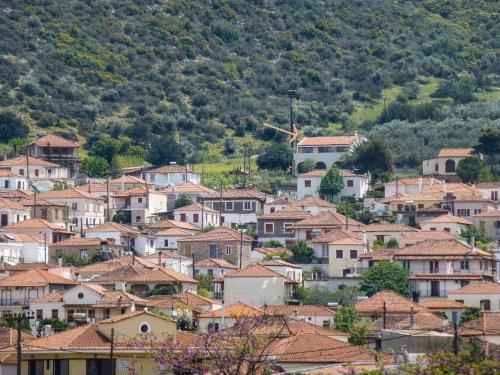 a town with houses and roofs on a hill at Cosy and quiet in Áyios Andréas Arkadias