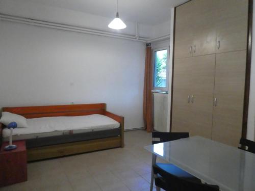 a bedroom with a bed and a desk and a table at Cosy and quiet in Áyios Andréas Arkadias