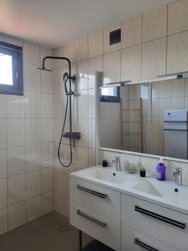 une salle de bain avec un lavabo et une douche dans l'établissement Maison cosy - 4 chambres doubles, à Bergerac