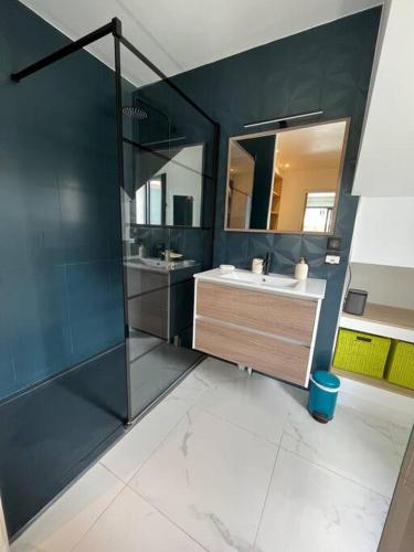 une salle de bain avec un lavabo et un miroir dans l'établissement Magnifique villa SEREN avec piscine, à Arcangues