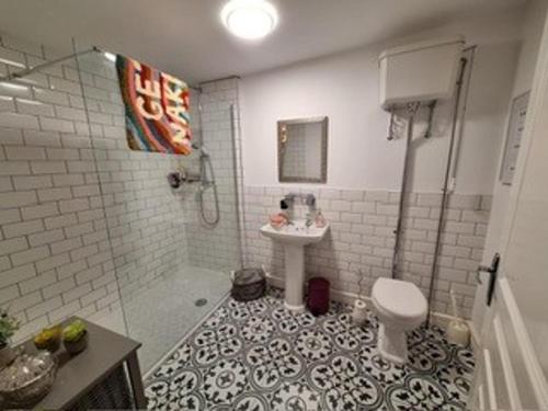 a bathroom with a shower and a toilet and a sink at Charming Countryside House in Beauvais with pool in Beauvais-sur-Matha