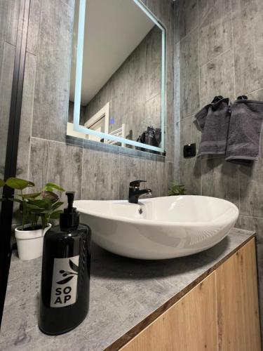 une salle de bain avec un lavabo blanc et un miroir dans l'établissement Fantastic Place Studio, à Apatin