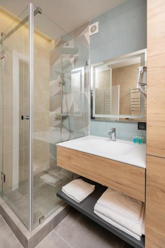 a bathroom with a sink and a shower at Jam Apartments Miskevycha in Lviv