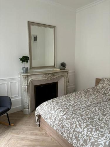 - une chambre avec une cheminée et un miroir au-dessus d'un lit dans l'établissement Studio Châtivesle, à Reims