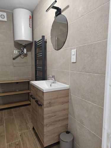 une salle de bain avec un lavabo et un miroir dans l'établissement Studio équipé - Parking, à Saint-Gaudens