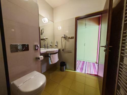 a bathroom with a toilet and a sink and a shower at Hotel Rajská zahrada in Nové Město nad Metují