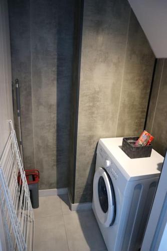a bathroom with a washing machine with a basket on top at Petite Venise du Gâtinais - T2 avec jardin in Montargis
