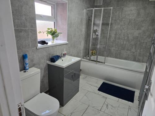 a bathroom with a toilet and a sink and a tub at The Grand four bed getaway- Sleeps 9-free on street parking in Birmingham