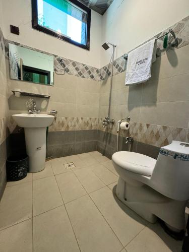 a bathroom with a toilet and a sink at The Hermes Hotel & Backpackers Hostel in Minapin