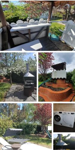 a collage of four pictures of a garden with a stove at Ferienhaus Urlaubstraum in Ueckermünde