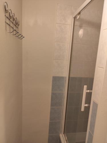 une douche avec une porte vitrée dans une salle de bain dans l'établissement Jules, à Bel Air