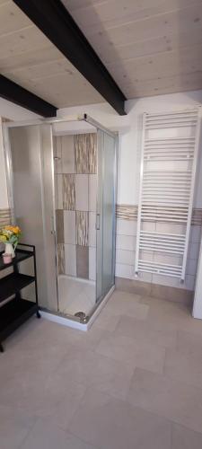 a room with a shower and a glass door at casa margherita in Borgo San Dalmazzo