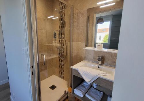 a bathroom with a shower and a sink at Le Relax in Boulazac