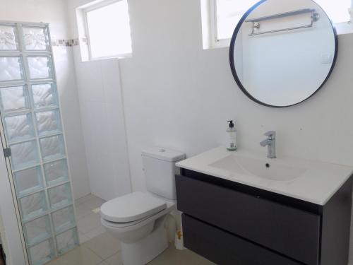 a bathroom with a white toilet and a mirror at Favvidea in Jan Thiel