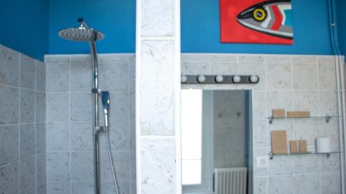 - deux photos d'une douche dans la salle de bains dans l'établissement Bel Appartement de Charme - Centre Ville - Quartier du Boulingrin - Gare, à Reims