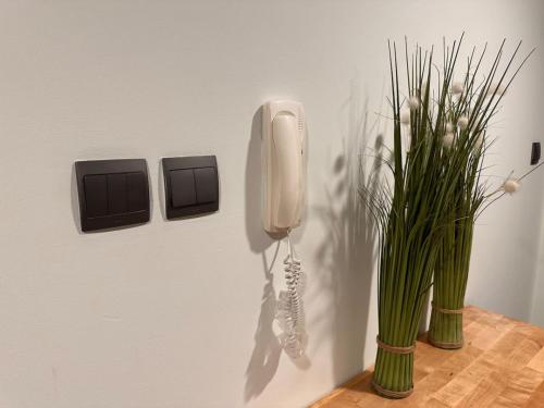 a phone hanging on a wall next to a plant at VIP Luxury Premium Apartment in Manama