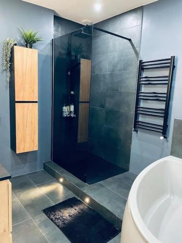une salle de bain avec une douche en verre et un lavabo dans l'établissement Luxueux appartement, Carré d'Or, Square Mozart, à Nice
