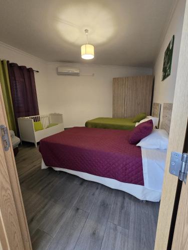a bedroom with a large bed with purple and green sheets at Casa o Cantinho in Mourão