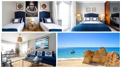 two pictures of a bedroom with two beds and the ocean at Spacious&Bright2Bedroom Apt Near Beaches,Sleeps 6 in Portimão