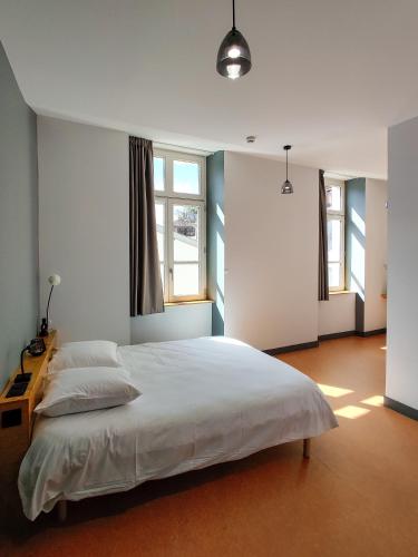 une chambre avec un grand lit et deux fenêtres dans l'établissement Auberge Le LEO de FOIX, à Foix