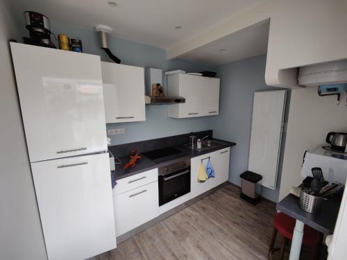 une cuisine avec des armoires blanches et un réfrigérateur blanc dans l'établissement Maison coeur de ville, à Montpellier