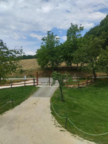 a dirt road in a field with a fence and trees at Borgo Doccia 905 in Montese