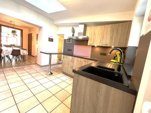 a kitchen with a sink and a counter top at Maison villageoise Les Nobles Carrières in Frasnes