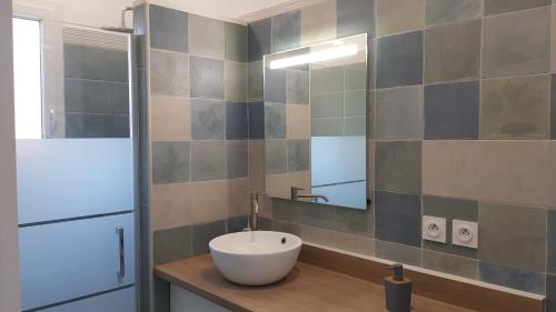 une salle de bain avec un lavabo et un miroir dans l'établissement Coquette maison canetoise, à Canet